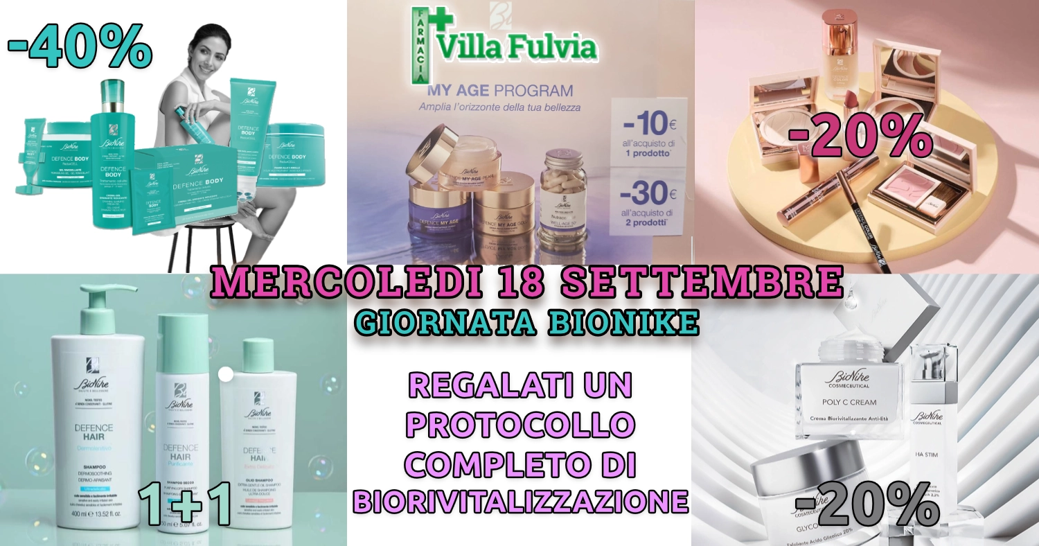 MERCOLEDI 18 SETTEMBRE GIORNATA BIONIKE in Farmacia, con la nostra Consulente Scientifica e Dermocosmetica e TANTE PROMOZIONI